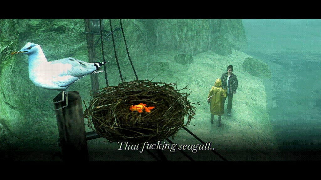 A low-poly, retro-style 3D scene from the horror indie game About Fishing, showing a character in a yellow raincoat standing near a large bird perched on a post next to a nest with a glowing golden fish, set against a foggy, rainy cliffside.