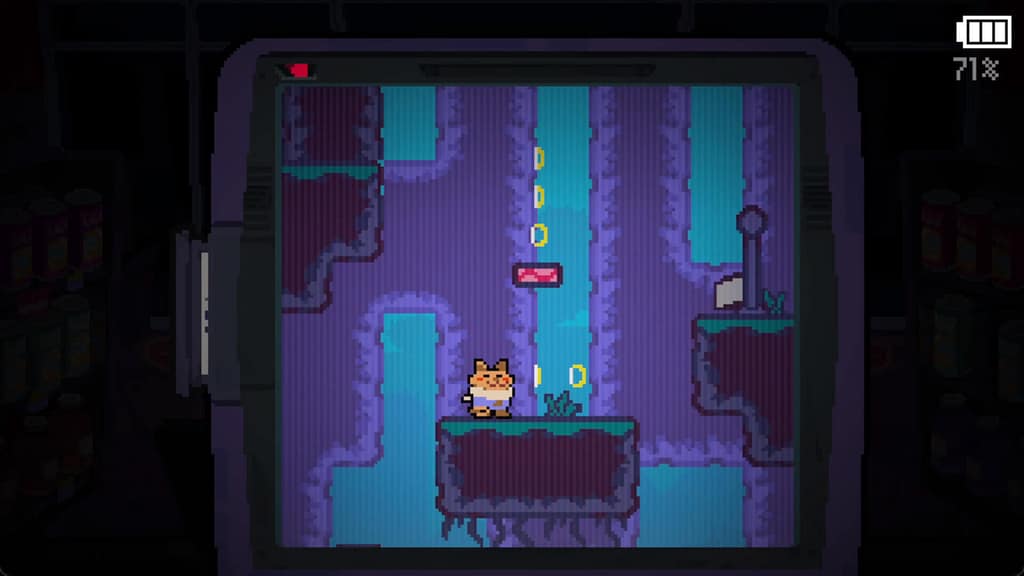 Gameplay screenshot of Chunky Jump showing a pixel-art platformer playing on a handheld console screen inside a dark grocery store, featuring a small cat character jumping on platforms to collect coins under a 71% battery indicator.