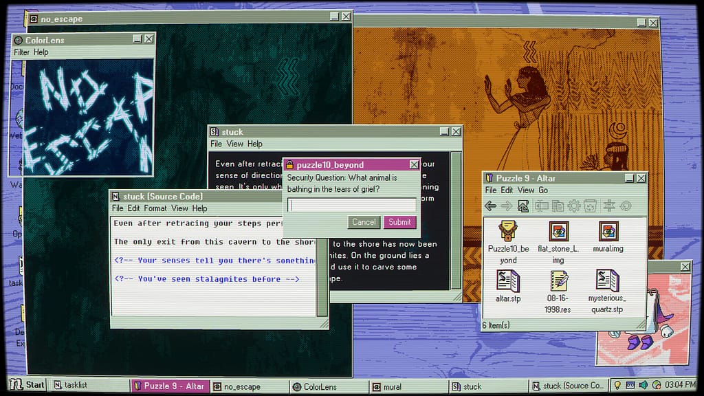 A retro 90s operating system desktop interface from the puzzle game Desktop Explorer, showing multiple overlapping windows containing source code, a security question prompt reading "What animal is bathing in the tears of grief?", and an Egyptian mural image.