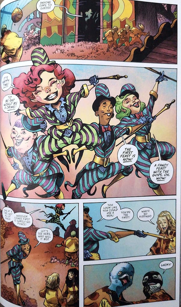 A vibrant comic book panel from The Sacrificers by Rick Remender, showing colorful performers in striped outfits dancing to celebrate a feast while luring the main protagonist Pigeon into a deceptive paradise haven.