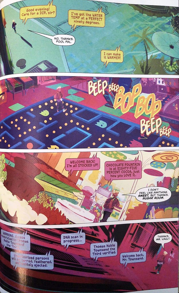 Interior comic art panels displaying Tommy's high-tech mansion and security vault setup, reviewed in our The Trillion Dollar Kid review.