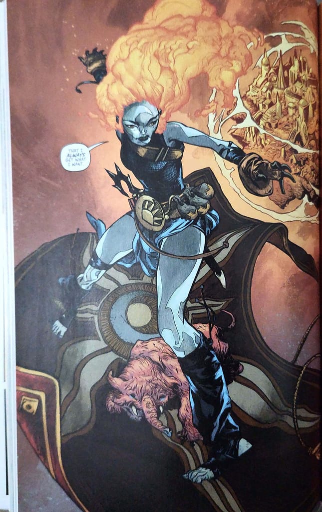 Full-page comic book art from The Sacrificers showcasing the character Soluna, daughter of the God Rokos, with her distinct flaming orange hair and blue skin as she commands her powers on a flying tapestry.
