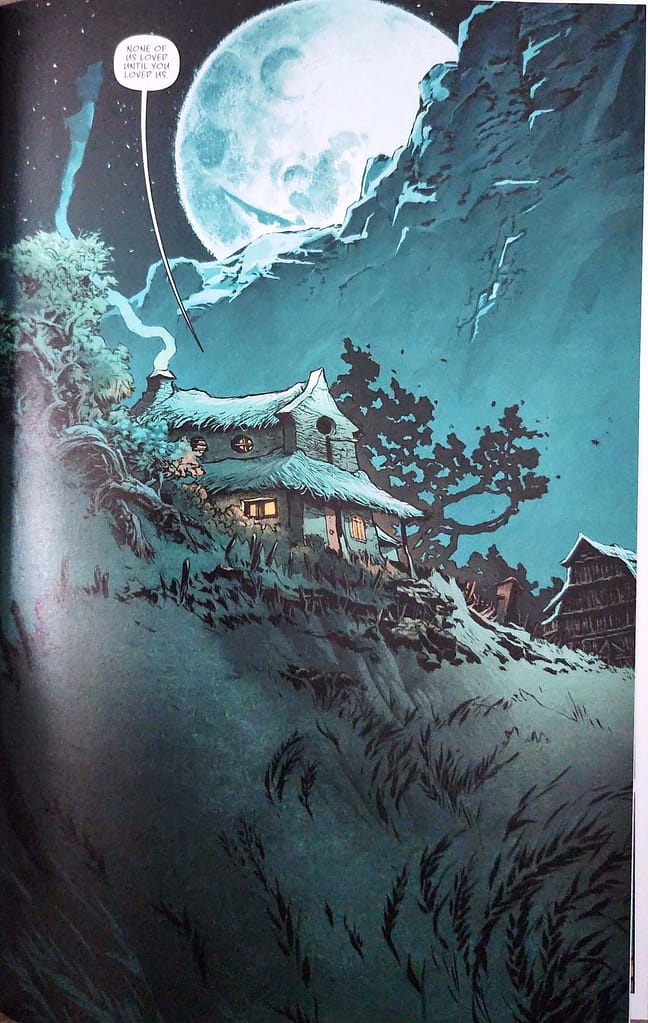 A dark, moody introductory comic book panel from The Sacrificers, depicting a small thatched-roof cottage on a grassy hillside under a glowing, massive full moon with a dramatic night sky landscape.