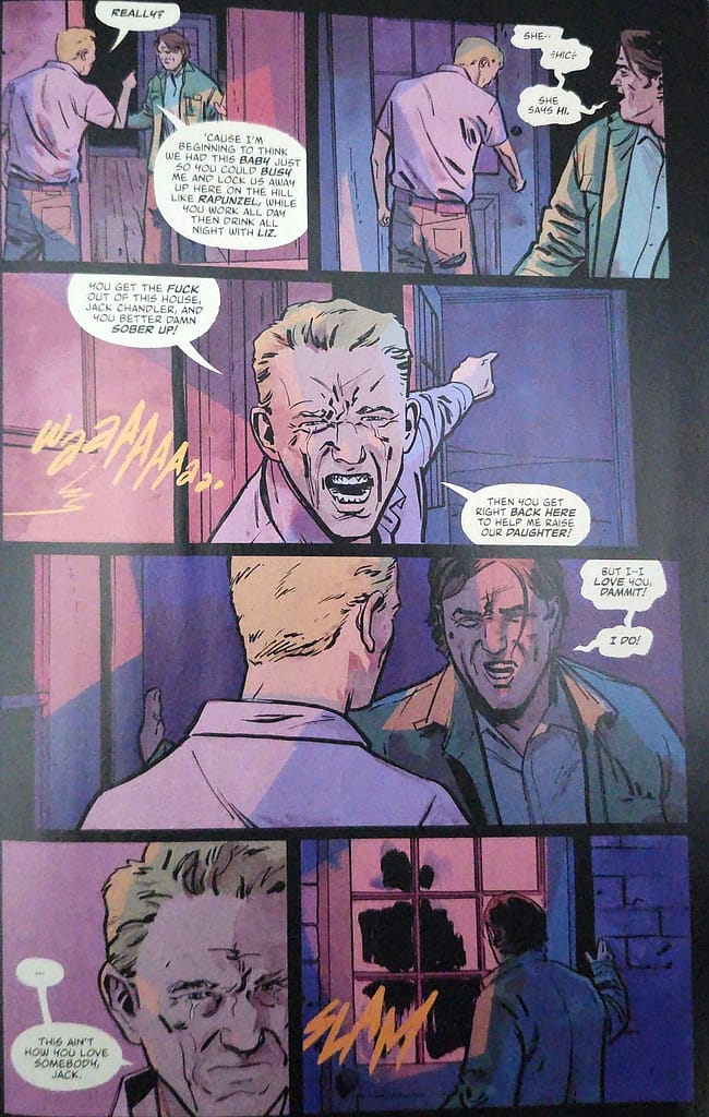 Comic book panel flashback from Everything Dead & Dying by Tate Brombal, showing an emotional argument at a doorway between Jack Chandler and his husband Sam, highlighting their past relationship struggles.