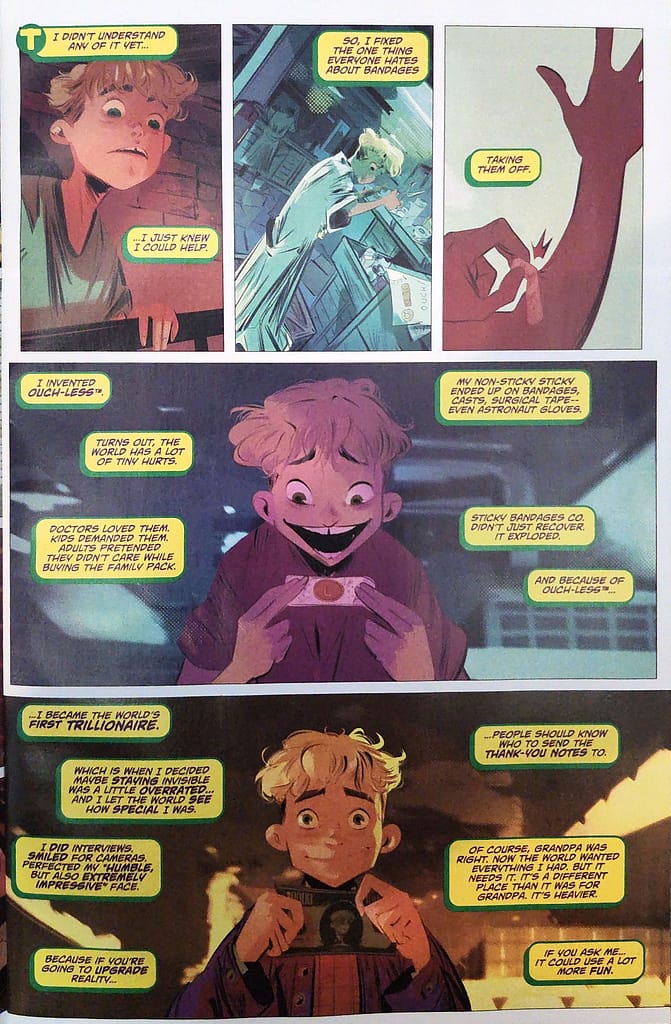 Inside page panel from a The Trillion Dollar Kid review showcasing young Tommy inventing ouch-less bandages and becoming a trillionaire.