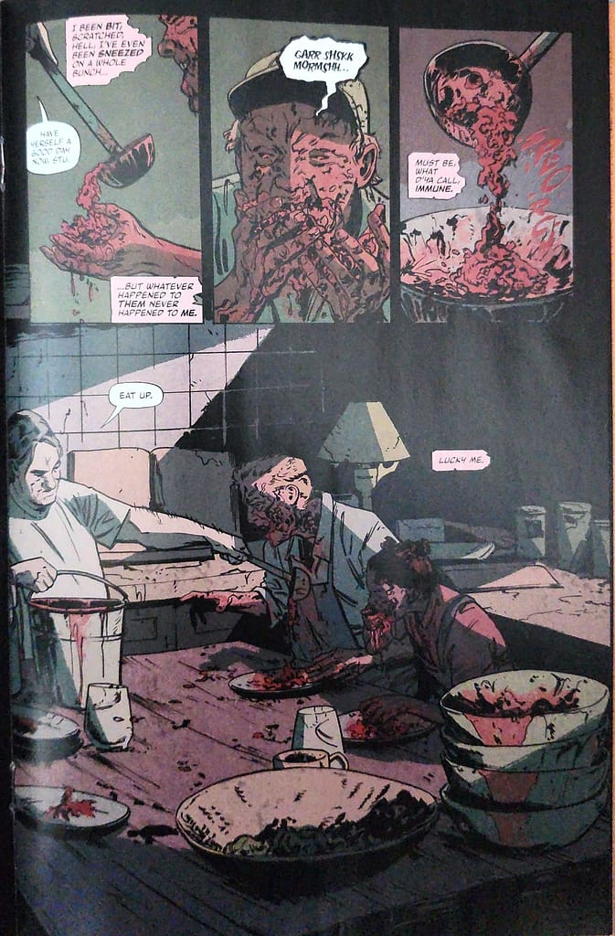 A horrifying comic page from Everything Dead & Dying by Tate Brombal showing the gruesome reality of Jack Chandler serving bloody, gory meat to his zombified husband Sam and daughter Maizie at the kitchen table.