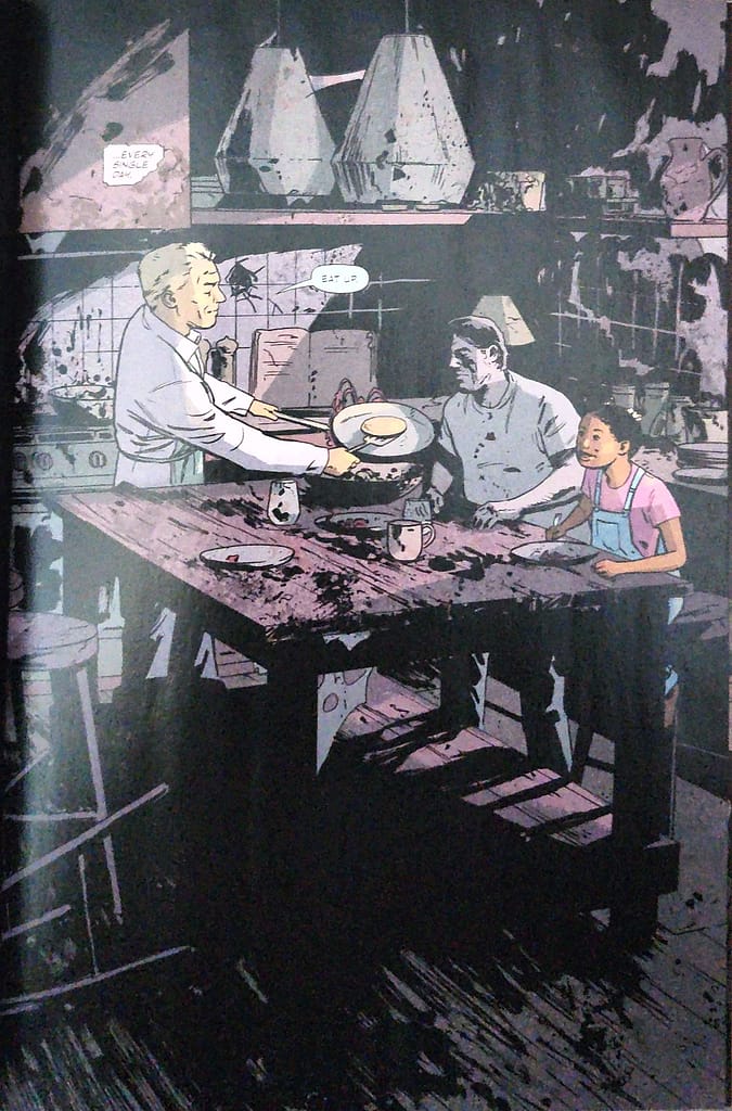 Comic panel from Everything Dead & Dying illustrating Jack Chandler's delusion, where his mind rewires reality to show him serving normal breakfast pancakes to a perfectly healthy, living Sam and Maizie.