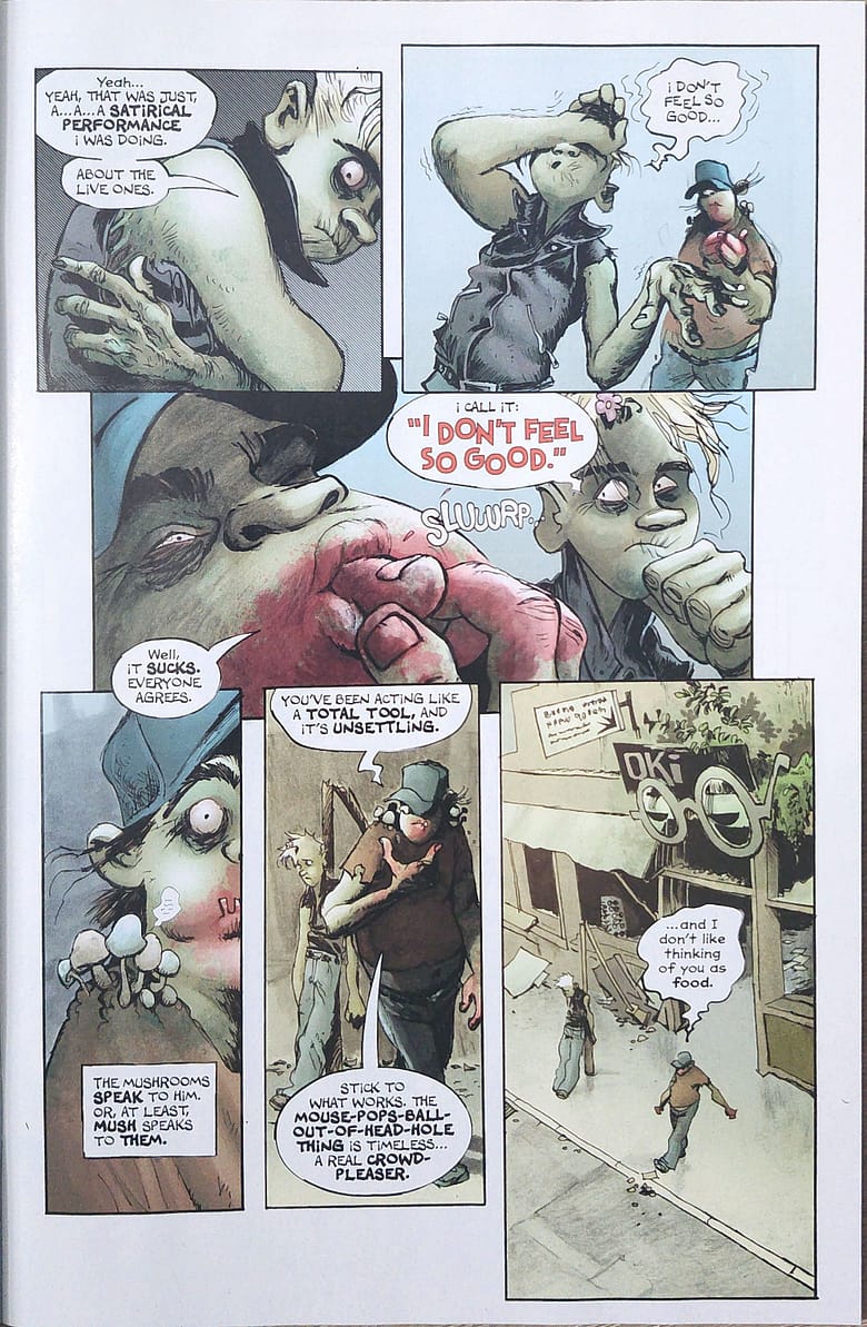 Multiple comic panels from Bleeding Hearts issue 1 depicting conversational interactions between the green-skinned zombie characters Poke and Mush walking through an abandoned city street.