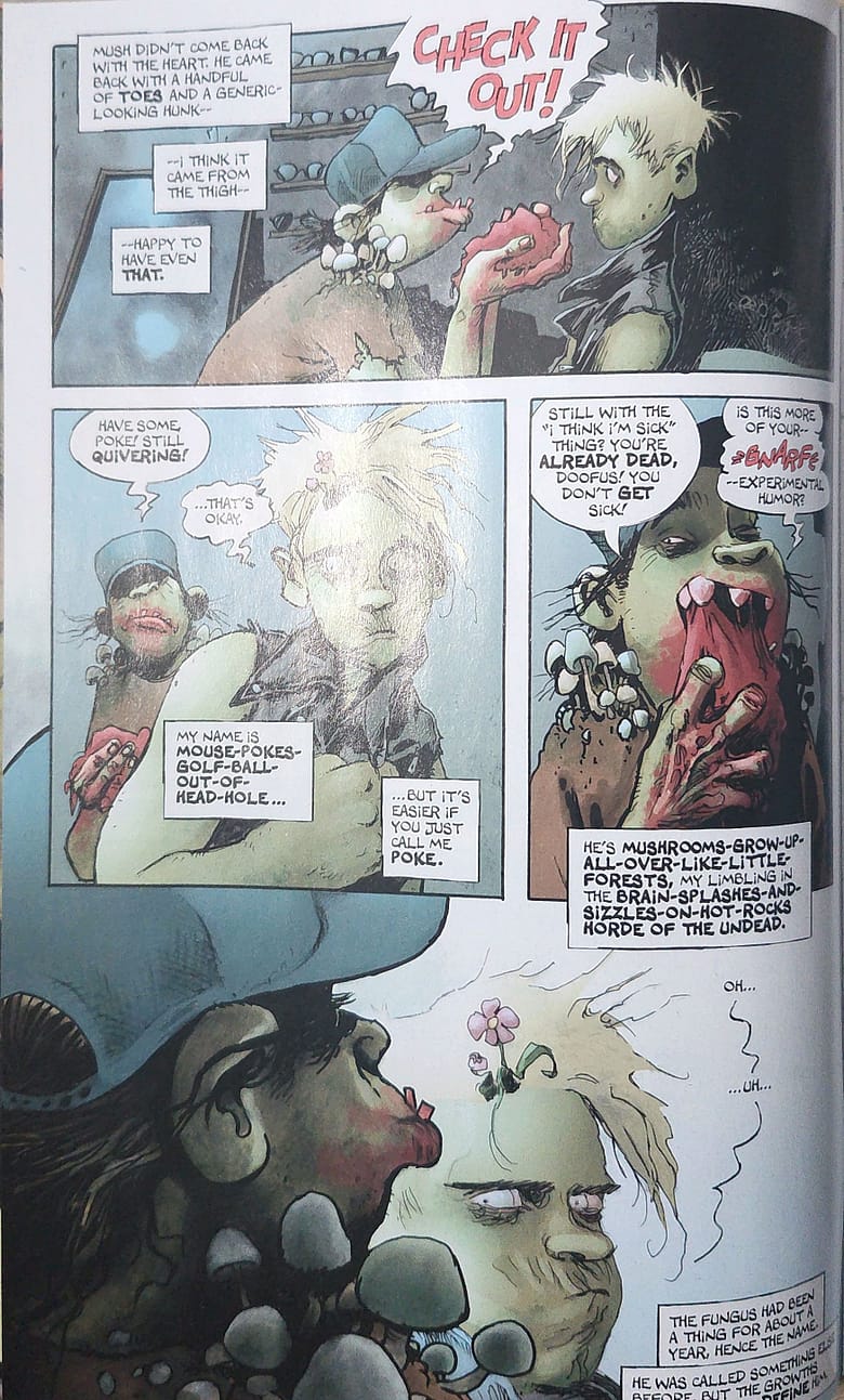 Comic book panel page from DC Vertigo Bleeding Hearts by Deniz Camp, showing the zombie character Mush offering raw human flesh to Poke, introducing his full name Mouse-Pokes-Golf-Ball-Out-of-Head-Hole.