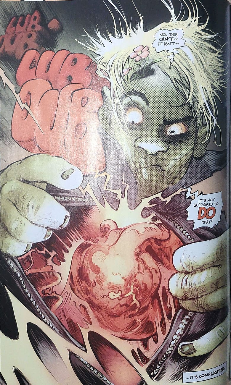 A dramatic comic panel from Bleeding Hearts by Deniz Camp showing the main zombie character Poke looking down in shock as his chest opens to reveal a glowing, beating human heart with sound effects reading Lub Lub.