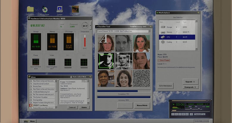 In-game screenshot of the horror idle game Faceminer, showcasing a retro desktop operating system UI with surveillance windows, data harvesting progress bars, and facial recognition panels.