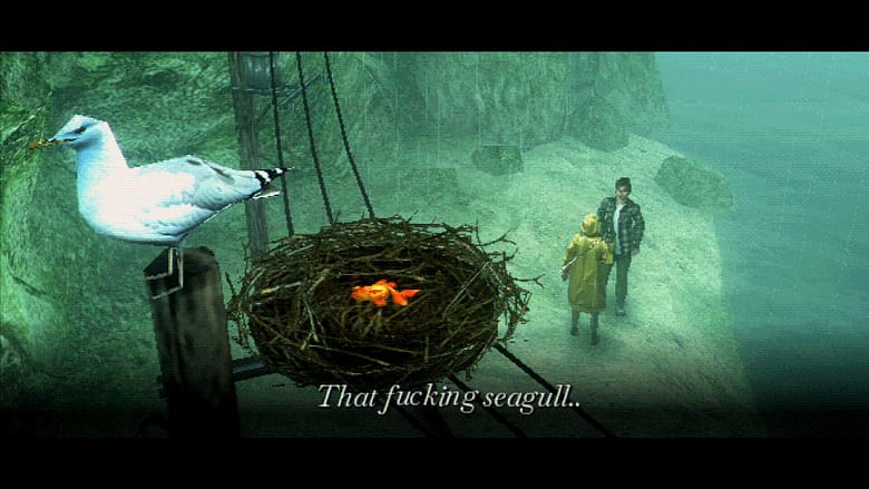 A low-poly, retro-style 3D scene from the horror indie game About Fishing, showing a character in a yellow raincoat standing near a large bird perched on a post next to a nest with a glowing golden fish, set against a foggy, rainy cliffside.