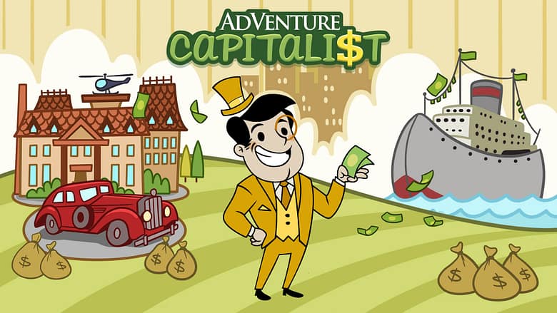 Promotional cartoon artwork for the classic incremental clicker game AdVenture Capitalist, featuring a smiling monopoly-style capitalist mascot surrounded by luxury cars, mansions, and bags of cash.