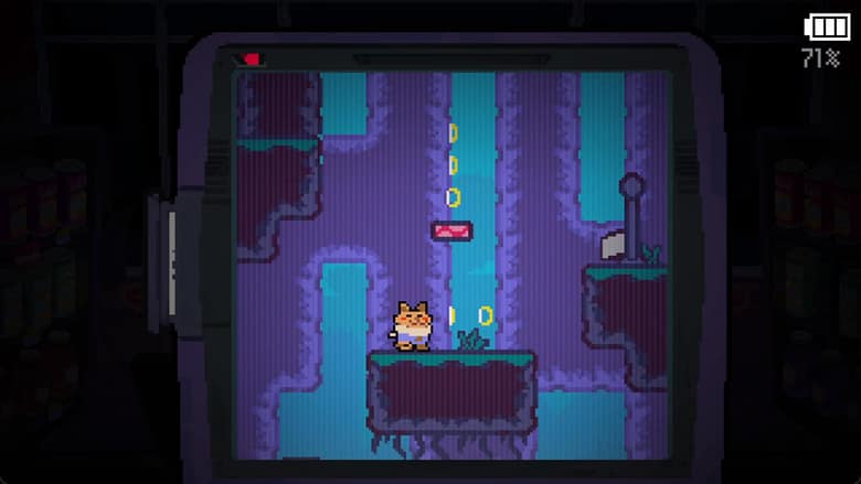 Gameplay screenshot of Chunky Jump showing a pixel-art platformer playing on a handheld console screen inside a dark grocery store, featuring a small cat character jumping on platforms to collect coins under a 71% battery indicator.