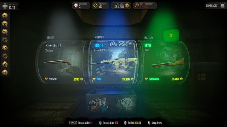 A military crate-opening interface from the game DarkBazaar, displaying three firearms on a green-tinted slot machine interface under tactical lighting, including a Sawed-Off shotgun, an MR-17 Assault Rifle, and an M79 heavy weapon.