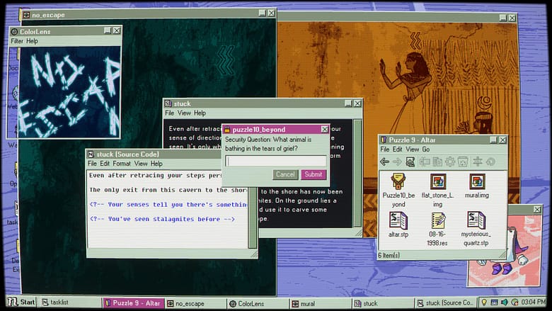 A retro 90s operating system desktop interface from the puzzle game Desktop Explorer, showing multiple overlapping windows containing source code, a security question prompt reading "What animal is bathing in the tears of grief?", and an Egyptian mural image.