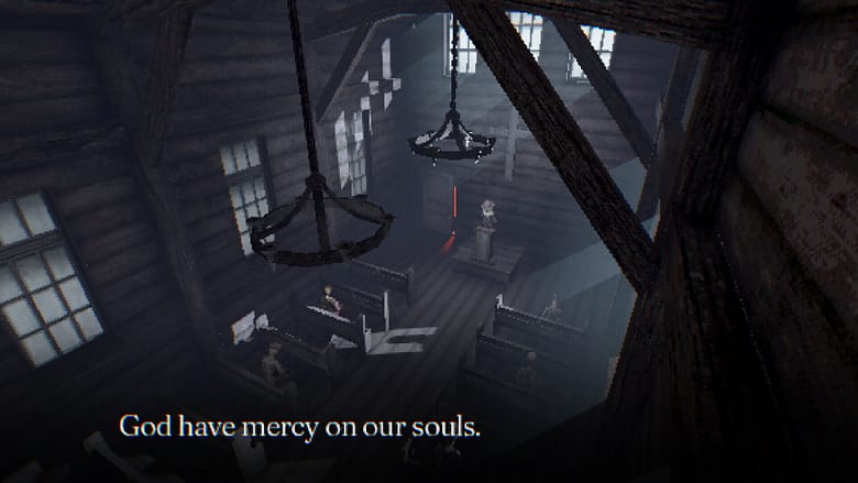 A dark, low-poly interior view of a wooden church from the first-person horror game Foghorns Drown, looking down from the rafters at sparse pews, low-hanging chandeliers, and a priest at a pulpit with text reading "God have mercy on our souls."