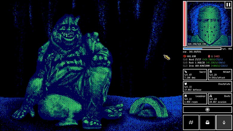 A dark, dithered retro-style pixel art gameplay screen from the hybrid horror idler Horripilant, featuring a creepy giant monster grinning from the shadows of a dungeon.