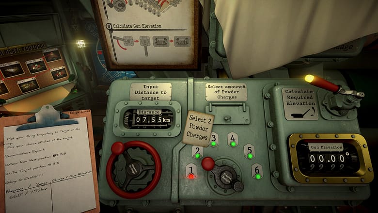A highly detailed first-person dieselpunk console dashboard from IRON NEST: Heavy Turret Simulator, featuring mechanical dials, toggle switches for powder charges, a distance input meter, and a clipboard with handwritten firing coordinates.