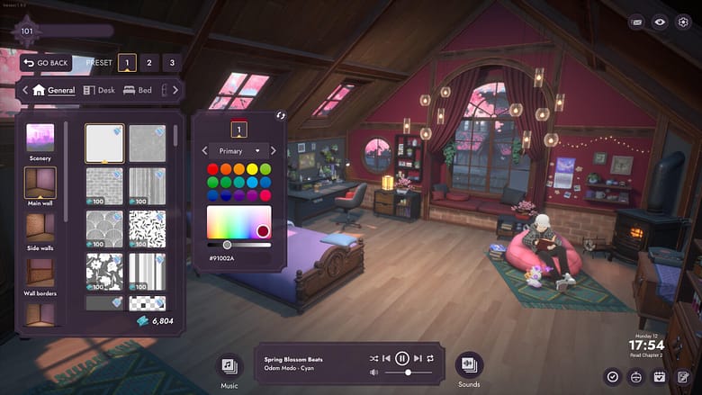 The cozy bedroom customization interface in Spirit City: Lo-Fi Sessions, showing the color palette selector, room item catalog, and the built-in ambient soundtrack menu.
