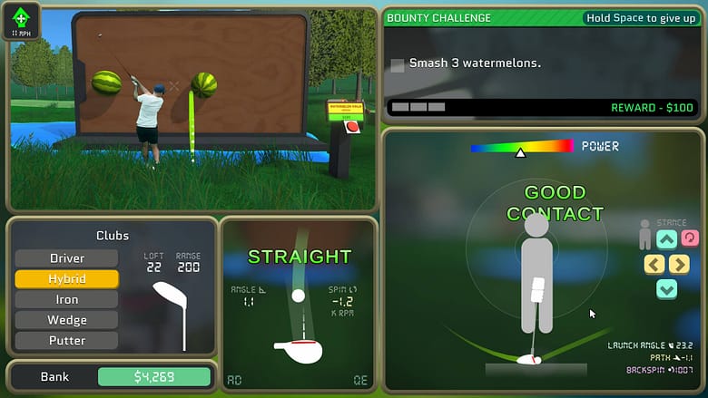 Split-screen UI from Normal Golf Game showing a physics-based 3D golf simulator on the left where a player is aiming a club at watermelons on a wall, and complex mechanical stance, power, and contact meters on the right.