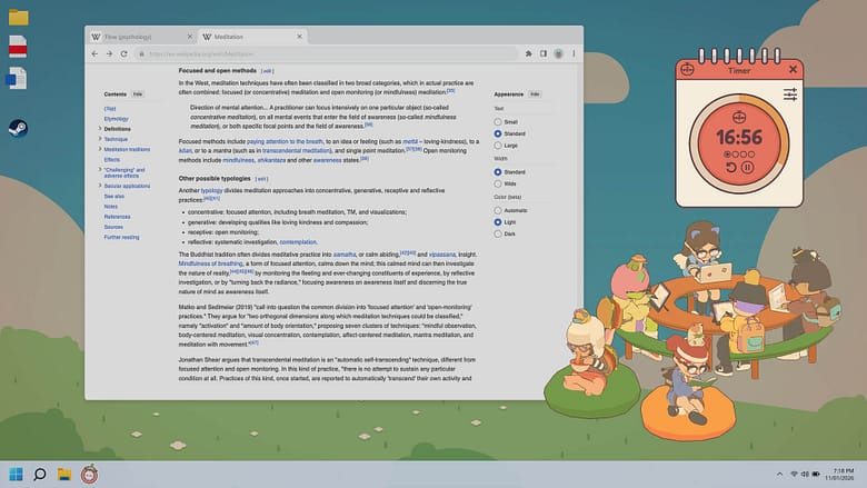 Desktop view of the productivity idler On-Together: Virtual Co-Working, displaying a stylized pomodoro focus timer widget next to a web browser window open to a meditation article.