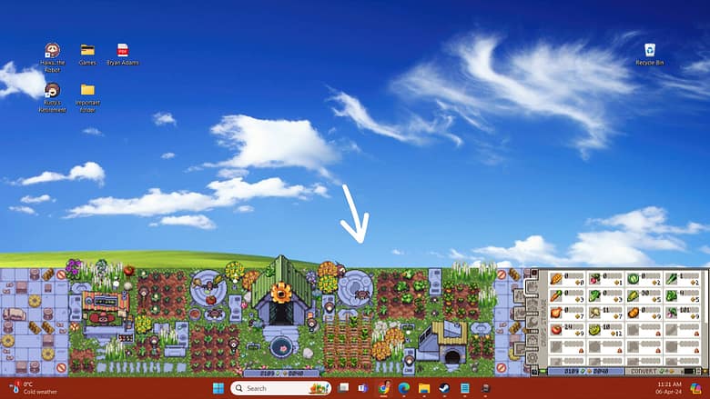 A full Windows desktop screenshot showcasing Rusty's Retirement, an idle farming game that runs actively along the bottom border of the screen while blending with the user's desktop wallpaper.