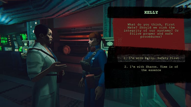 A cinematic dialogue choice screen inside a stylized low-poly submarine from Static Dread: Submarine, showing two crew members in blue and white uniforms talking under a red text box with dialogue options for managing the vessel.