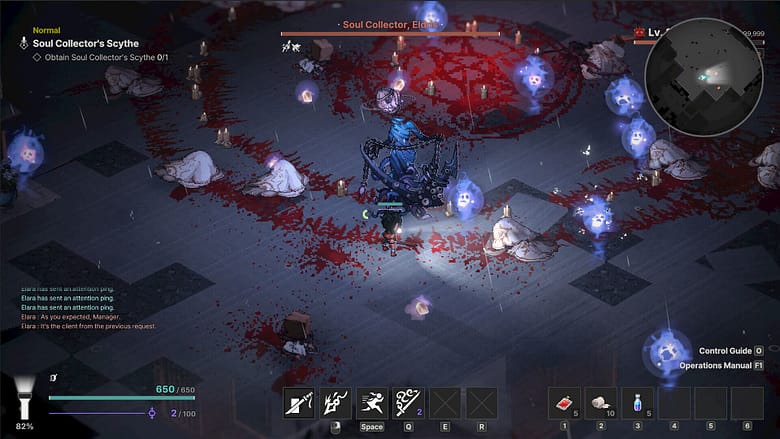 An isometric 2.5D gameplay screen from the dark extraction shooter Void Diver, showing a lone character fighting floating, glowing blue skull entities and a boss called Soul Collector Elaris on a rain-slicked, blood-stained ritual floor.