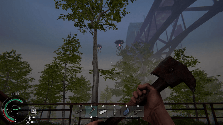 An outdoor gameplay scene in Project: Mist with the player holding a hatchet and looking up at two strange, black flying squid-like monsters floating near a massive steel bridge structure.