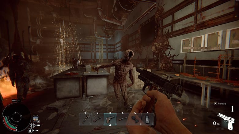 An intense indoor combat screenshot from Project: Mist showing a player aiming a pistol at a creepy, faceless monster inside a chaotic, ruined laboratory covered in biological growth and sparks.