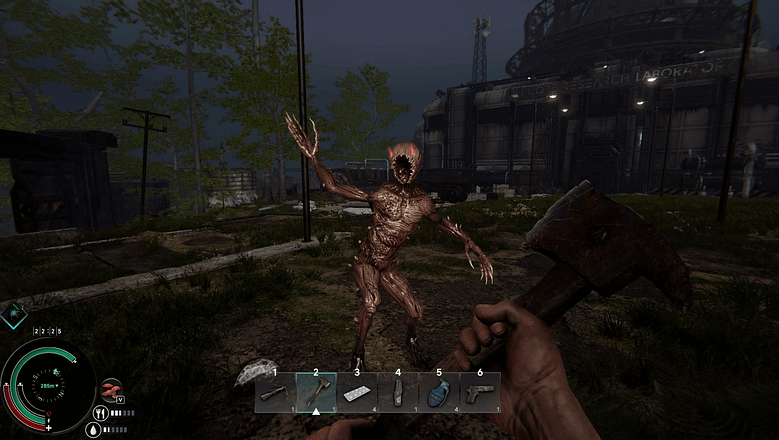 A terrifying encounter in Project: Mist featuring a slender, toothy humanoid monster with a gaping lamprey-like mouth and glowing red eyes attacking the player outside a Core Research Laboratory building.