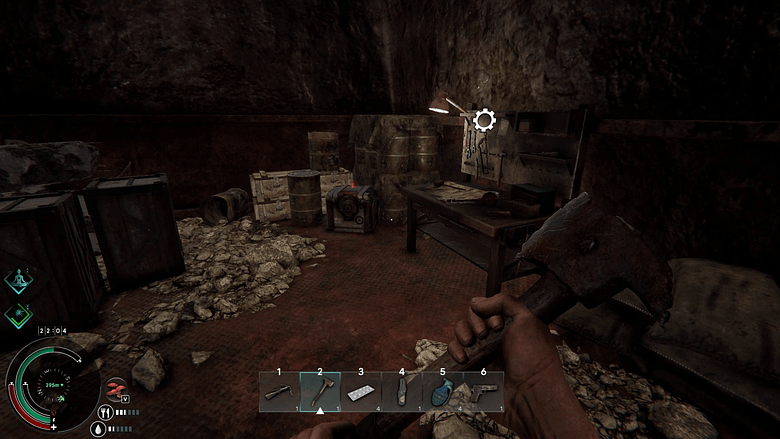 First-person gameplay screenshot from Project: Mist showing a player holding a rusty axe in a dark cave bunker, looking at a wooden crafting workbench and storage crates with the game HUD visible.