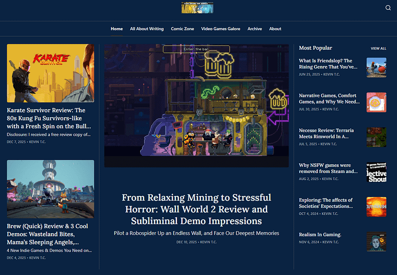 Desktop homepage view of the Exploring the Games digital publication, featuring indie game reviews, deep-dive narrative analysis articles, and creative writing critique essays.