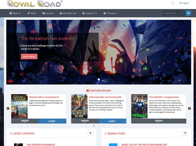 Screenshot of the Royal Road web novel platform homepage, a popular online publishing site for fantasy and sci-fi writers to share their stories and build an audience.