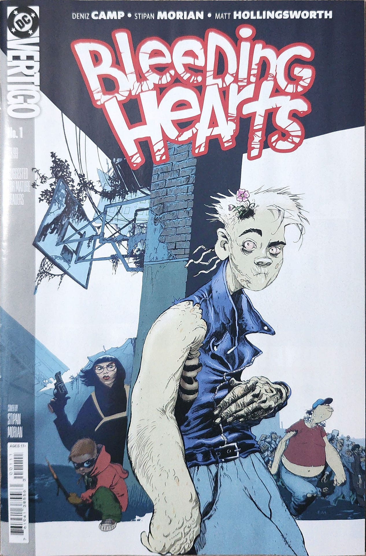 Front cover of Bleeding Hearts comic book issue number 1 published by DC Vertigo, written by Deniz Camp and illustrated by Stipan Morian, featuring the main zombie character Poke with a flower growing from his head.